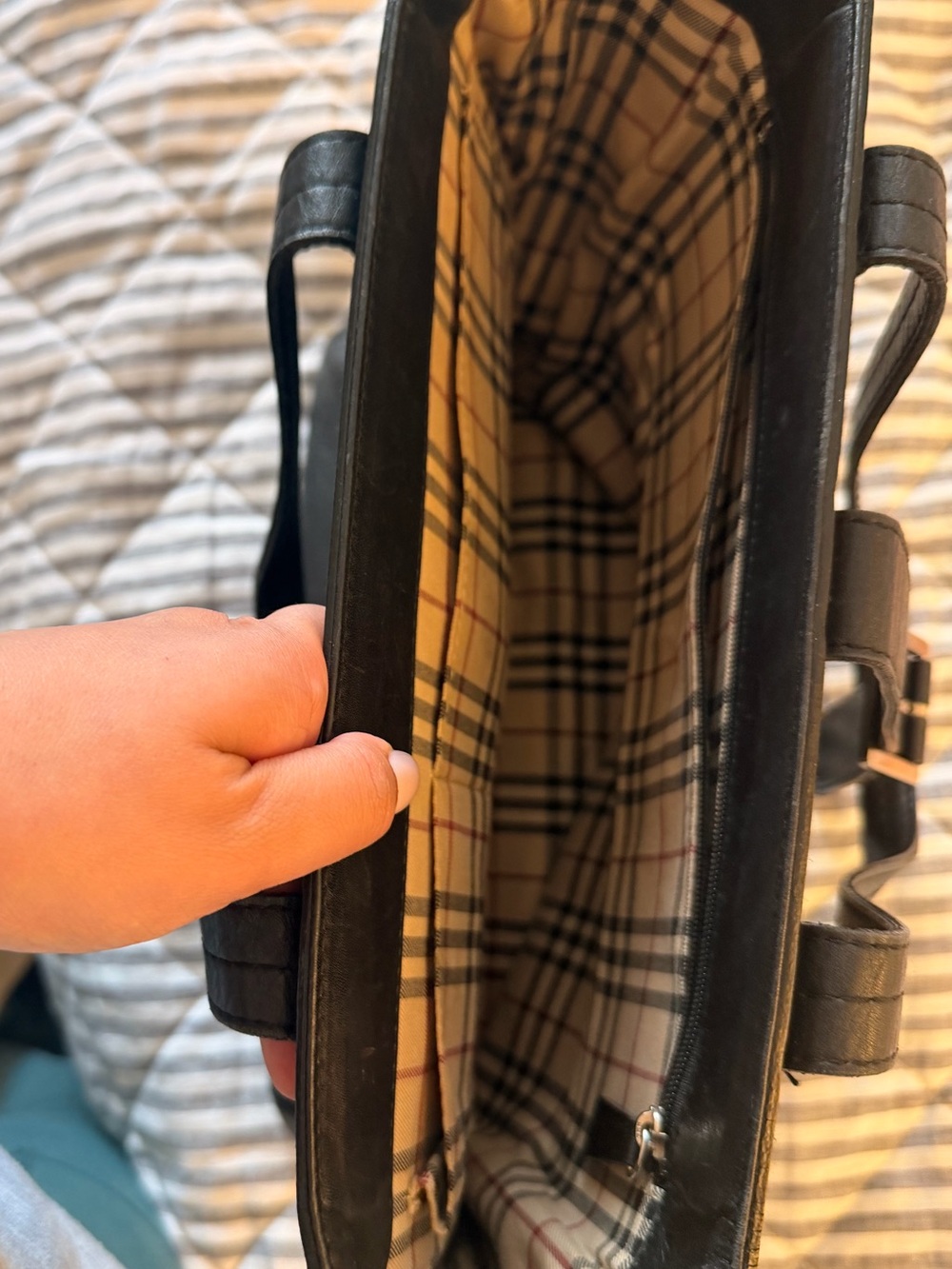 Burberry Black Leather Tote with Vintage Check Lining